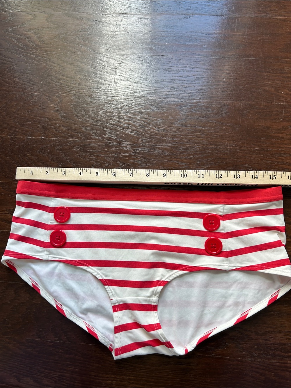 Red and White Striped Bikini Briefs with Button Accents - Picture 4 of 5